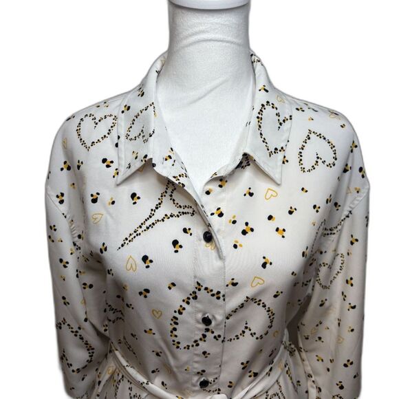 Karl Lagerfield Paris Logo Print Belted Shirtdress Button Up Collared White Gold - Picture 3 of 7